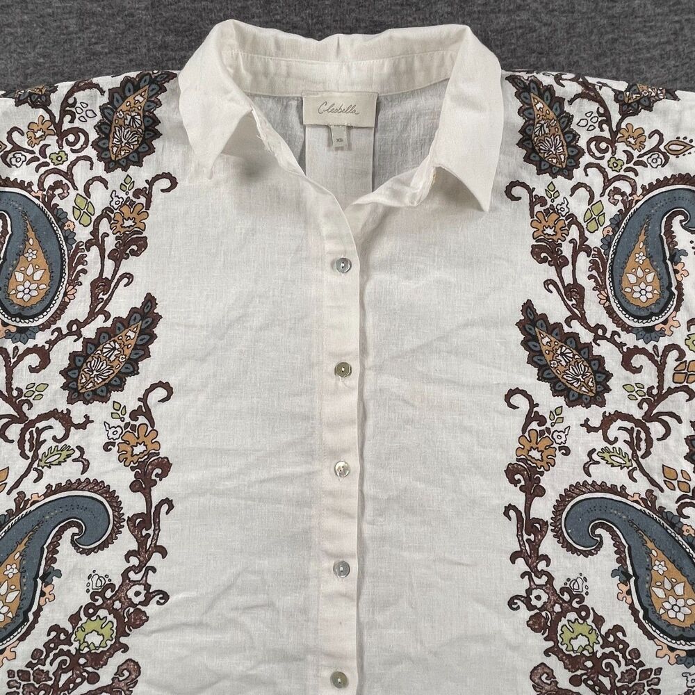 Cleobella XS White Paisley Coastal Linen Blend Lagenlook Cropped Boho Blouse - Picture 3 of 13